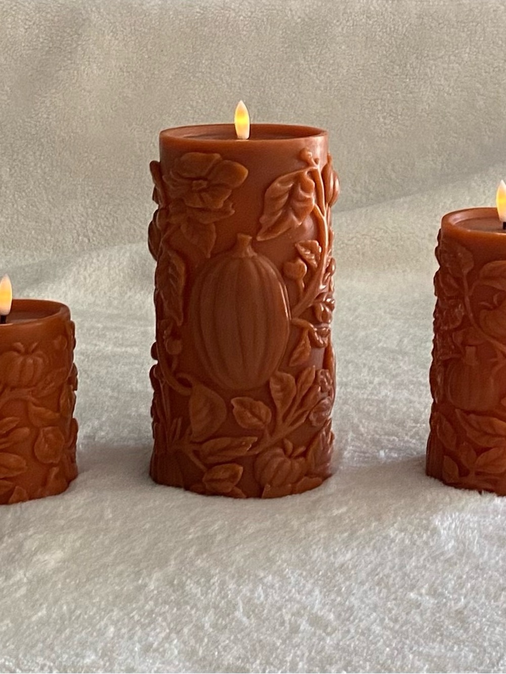 Decorative Fall Terracotta Orange Carved Pillar Candles - Set of 3